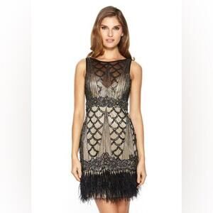 SUE WONG Black & nude beaded, sequin ostrich feather dress